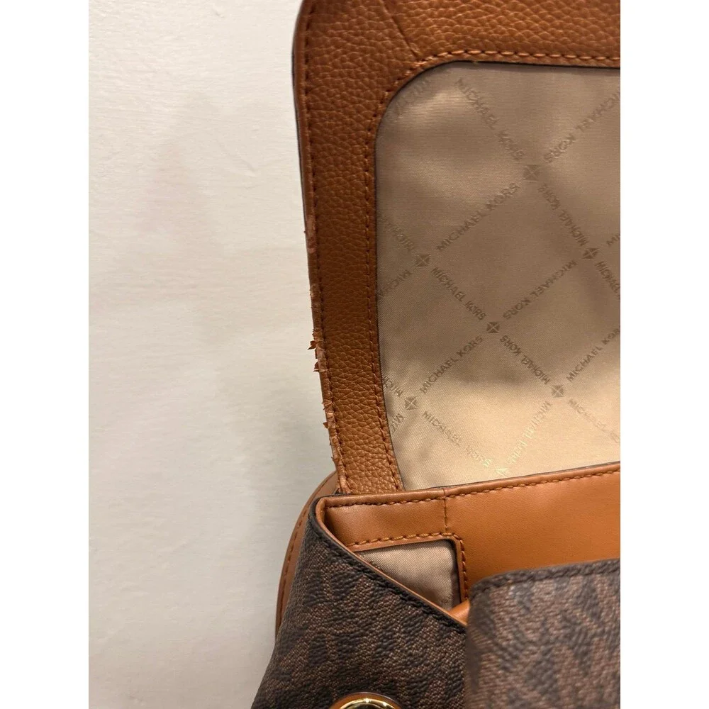 Michael Kors Abbey Signature MK Brown Leather Flap Backpack Rucksack